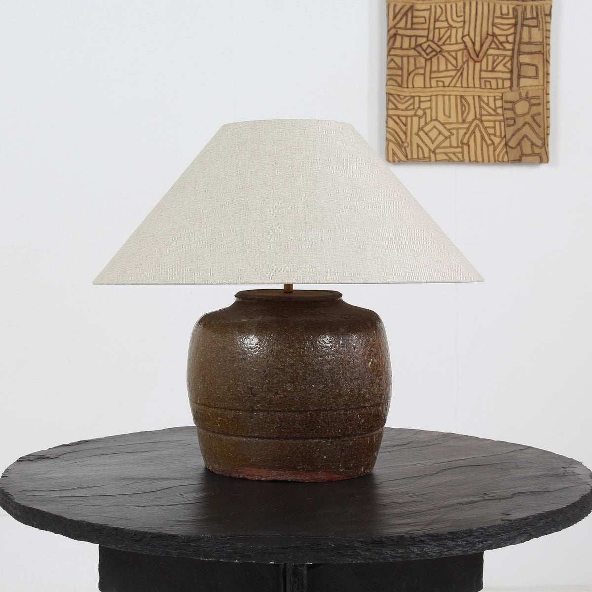 ANTIQUE CHINESE TABLE LAMP WITH NATURAL LINEN EMPIRE SHADE