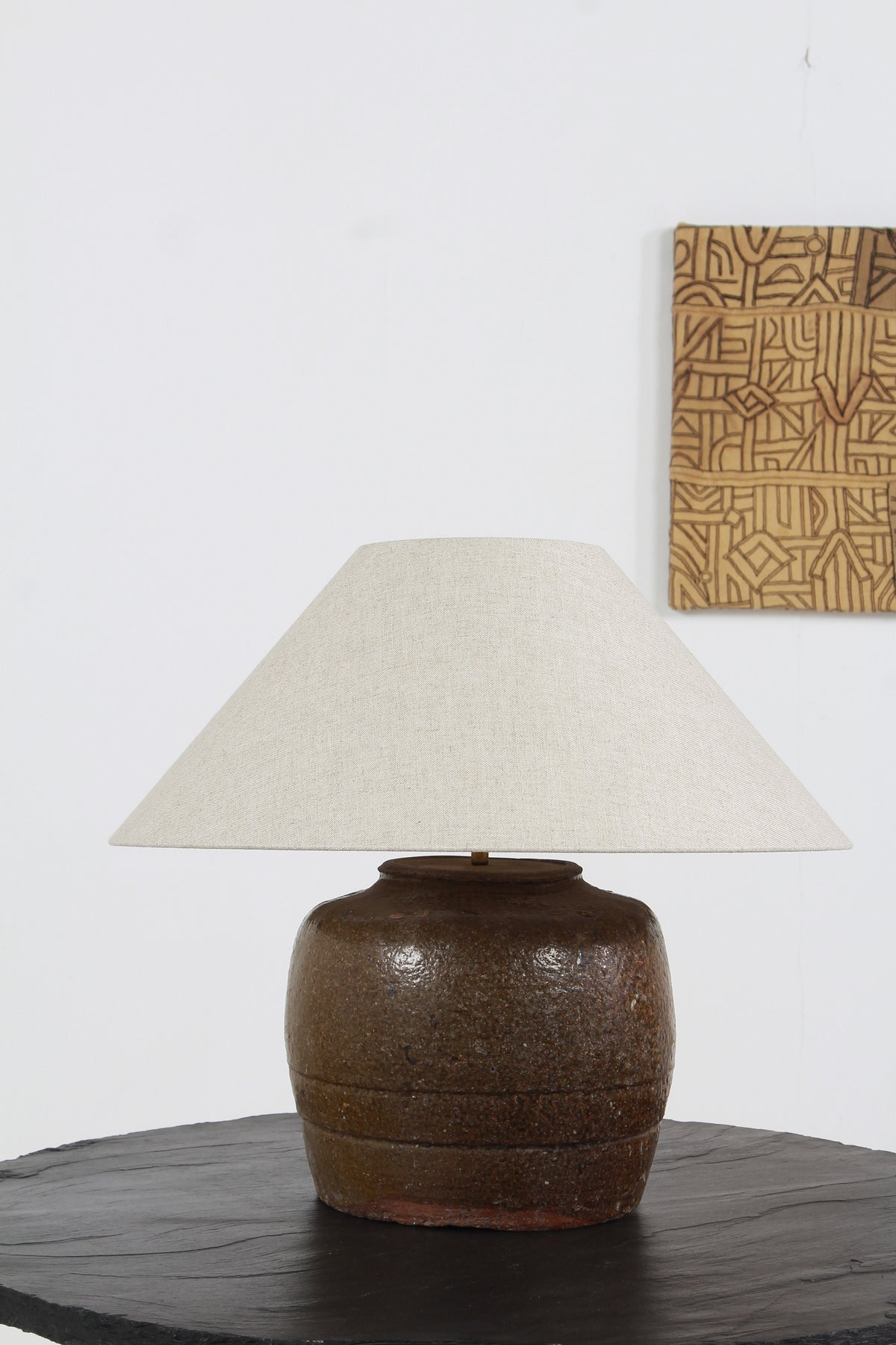 ANTIQUE CHINESE TABLE LAMP WITH NATURAL LINEN EMPIRE SHADE