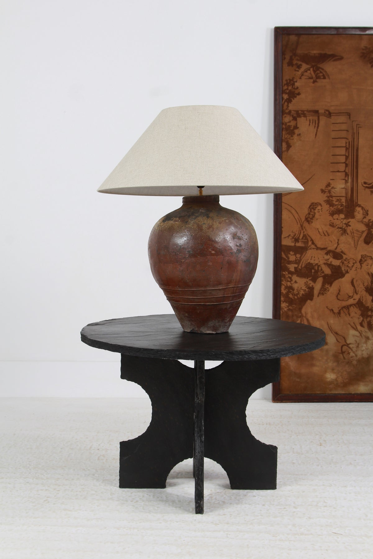 HUGE CHINESE GLAZED ANTIQUE STORAGE WINE JAR LAMP WITH EMPIRE SHADE
