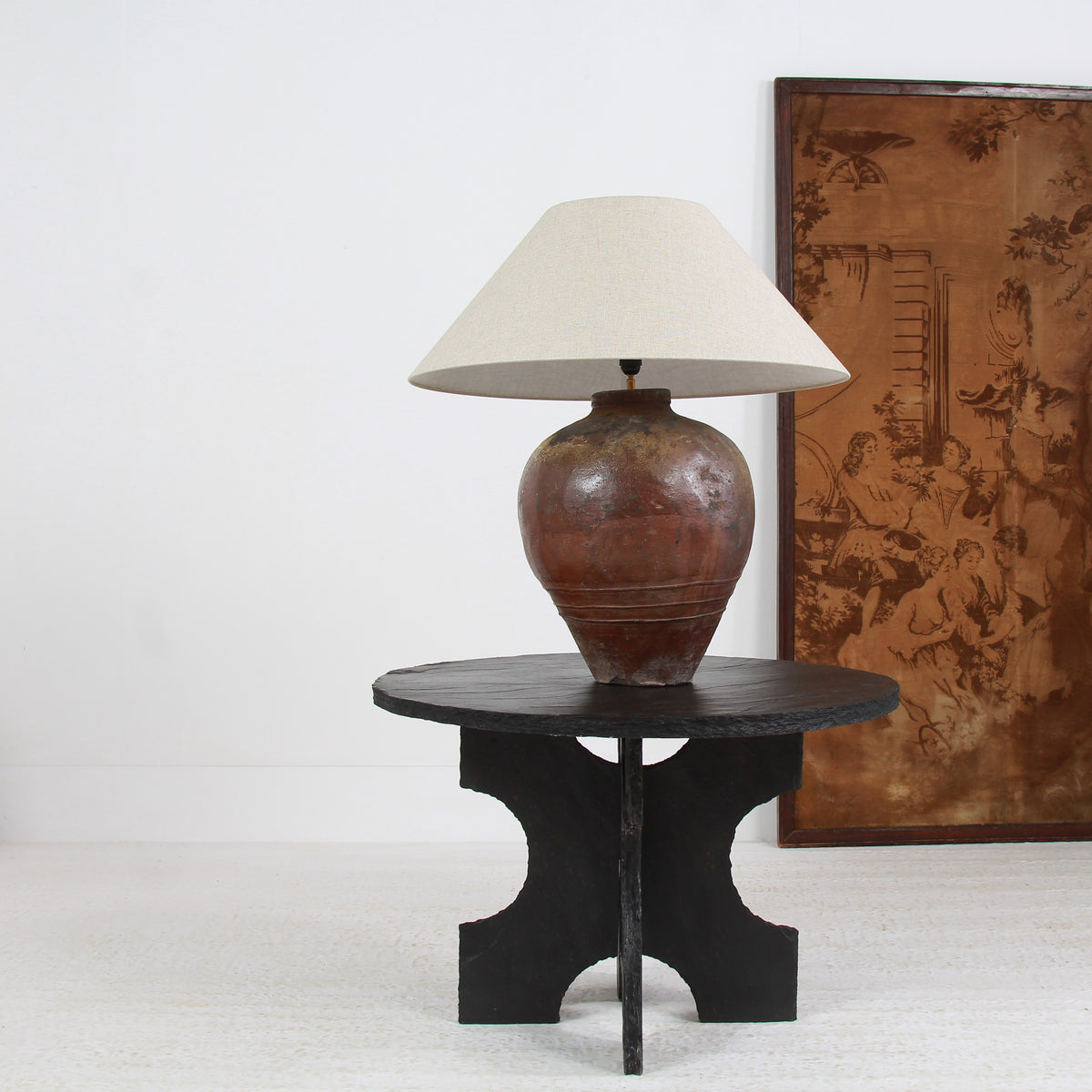 HUGE CHINESE GLAZED ANTIQUE STORAGE WINE JAR LAMP WITH EMPIRE SHADE