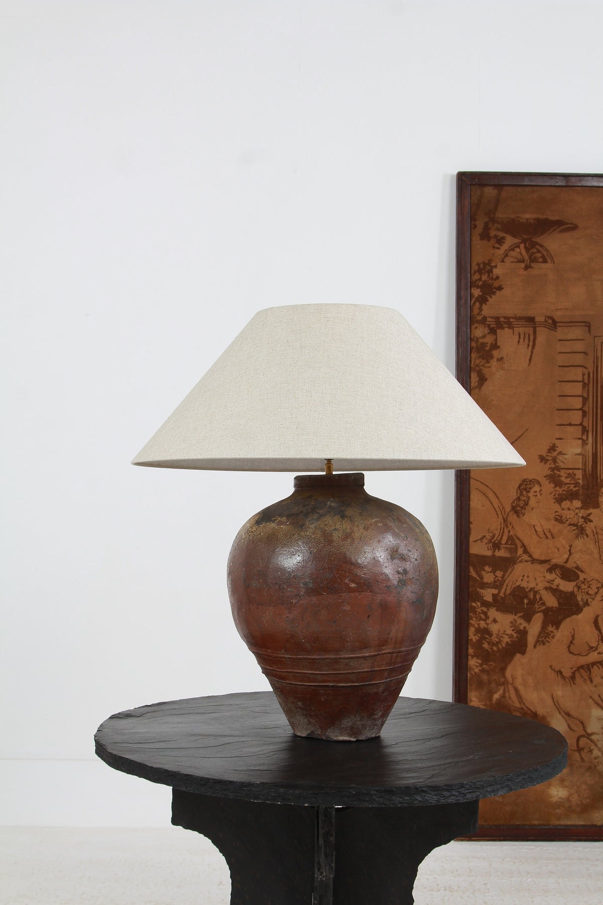 HUGE CHINESE GLAZED ANTIQUE STORAGE WINE JAR LAMP WITH EMPIRE SHADE