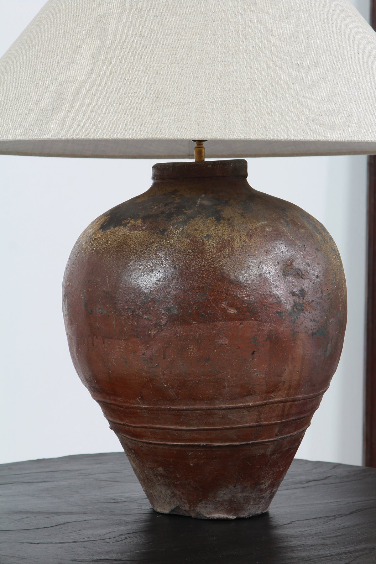 HUGE CHINESE GLAZED ANTIQUE STORAGE WINE JAR LAMP WITH EMPIRE SHADE