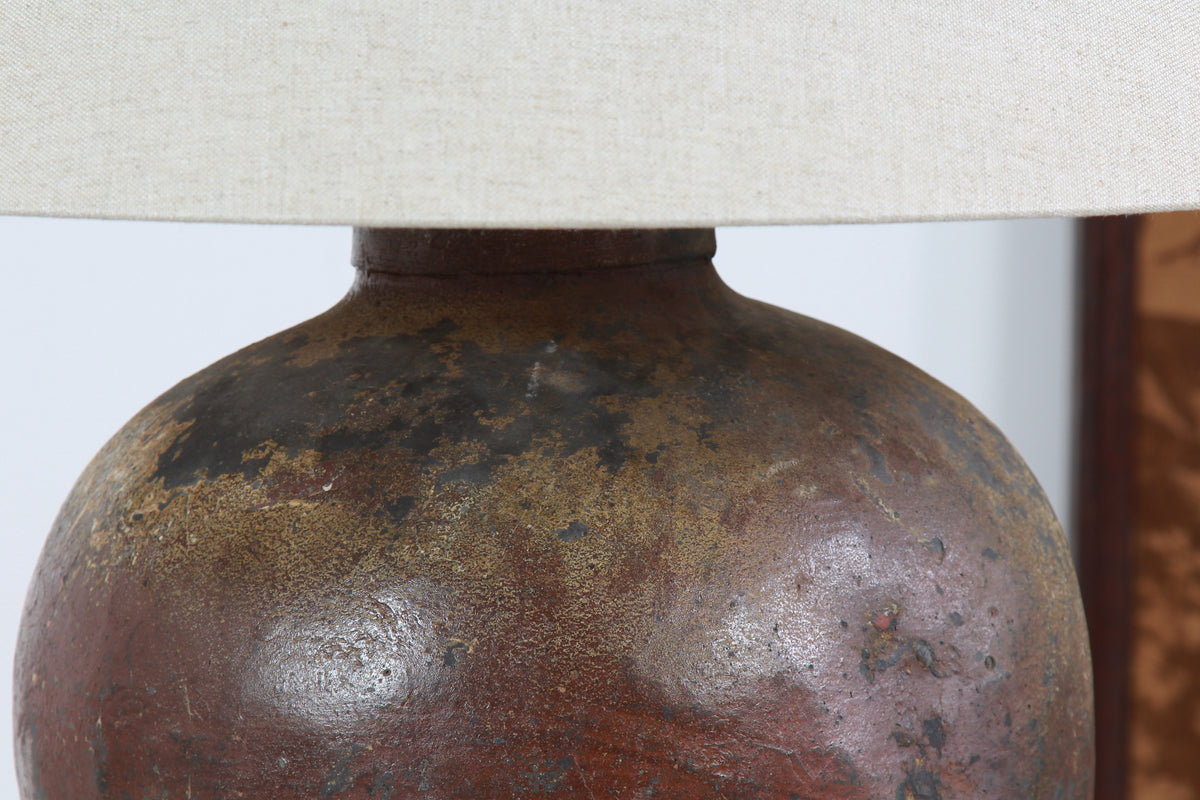 HUGE CHINESE GLAZED ANTIQUE STORAGE WINE JAR LAMP WITH EMPIRE SHADE