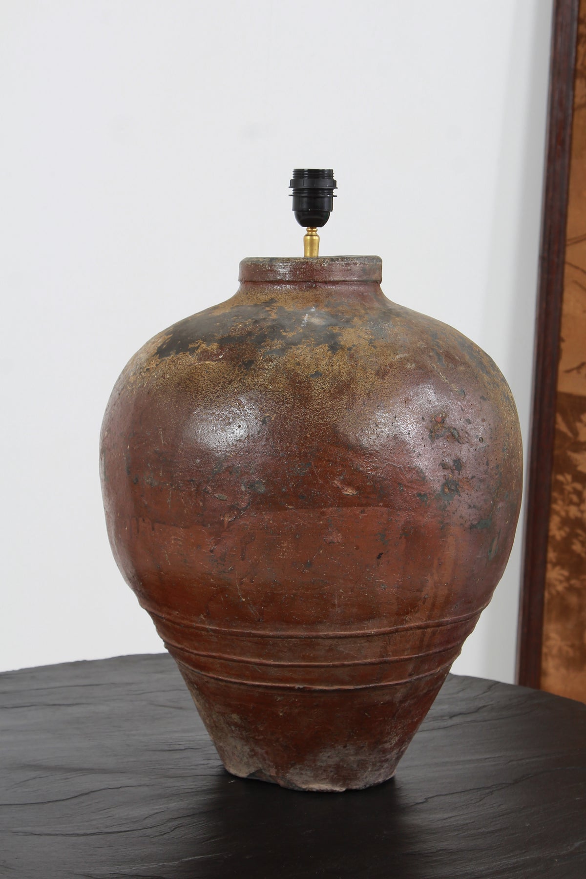 HUGE CHINESE GLAZED ANTIQUE STORAGE WINE JAR LAMP WITH EMPIRE SHADE
