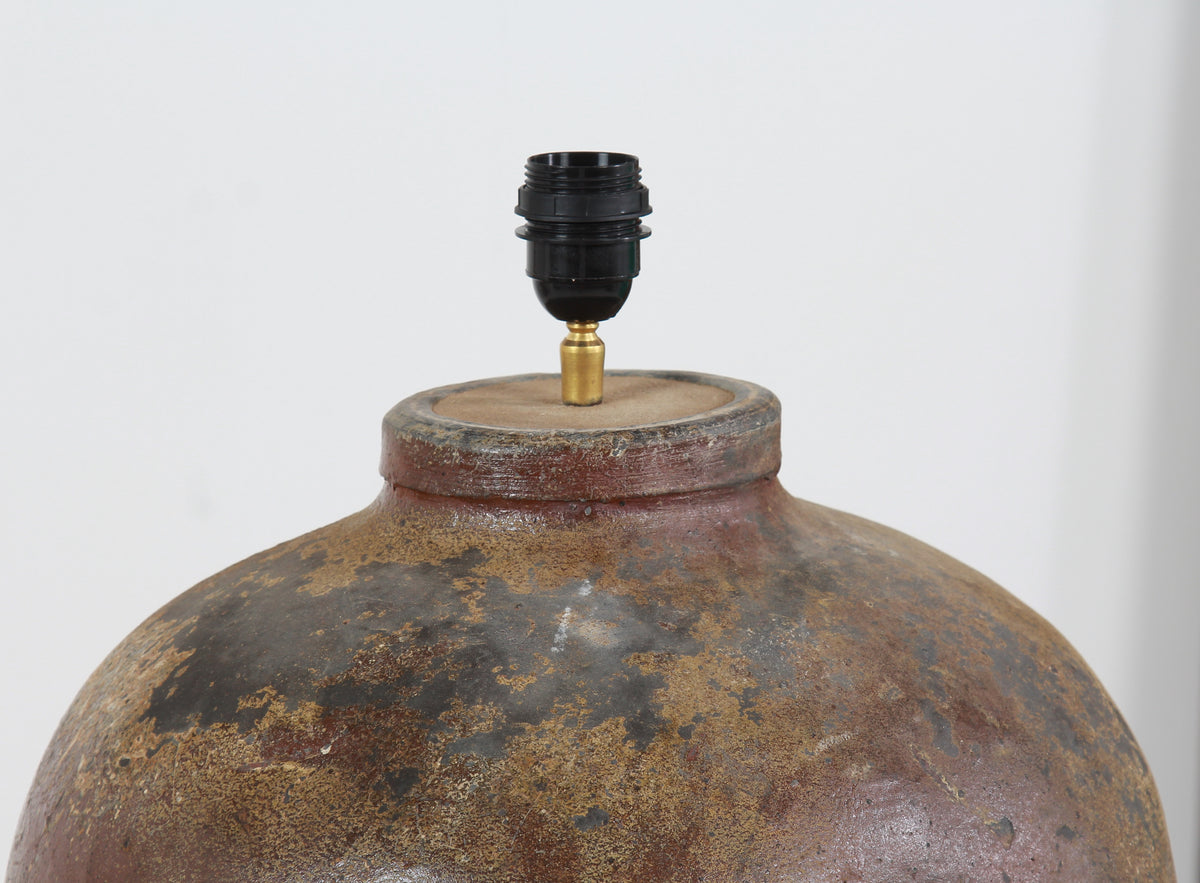 HUGE CHINESE GLAZED ANTIQUE STORAGE WINE JAR LAMP WITH EMPIRE SHADE