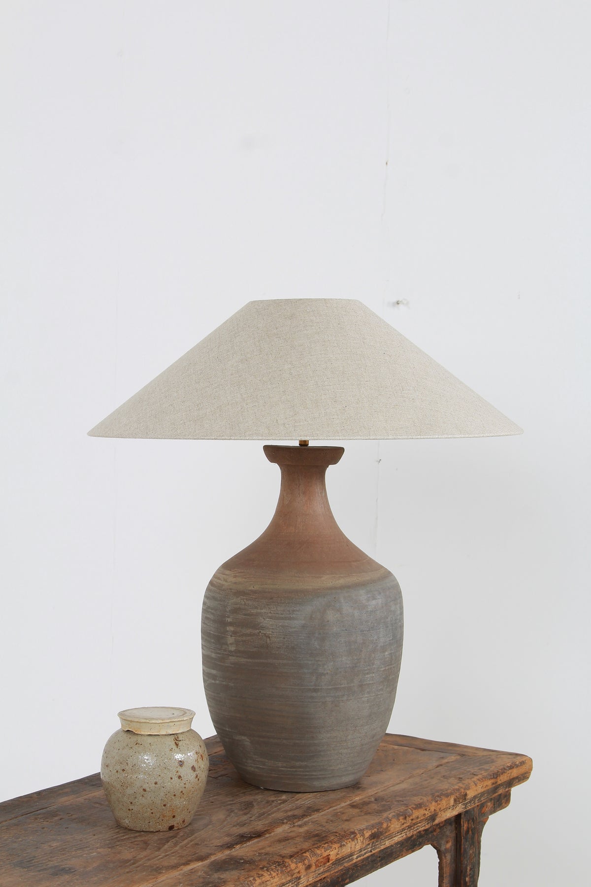 Beautiful TERRACOTTA UNGLAZED VASE TABLE   LAMP WITH EMPIRE NATURAL LINEN SHADE