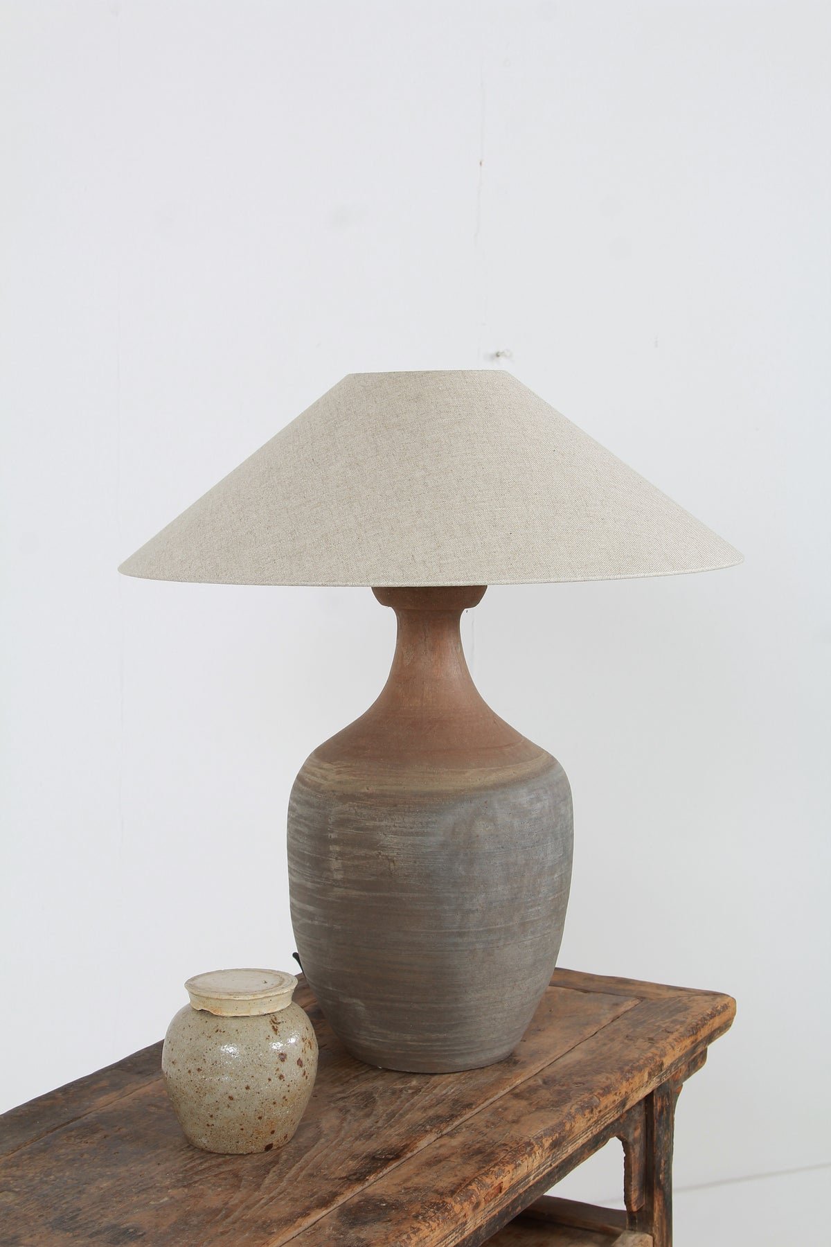Beautiful TERRACOTTA UNGLAZED VASE TABLE   LAMP WITH EMPIRE NATURAL LINEN SHADE