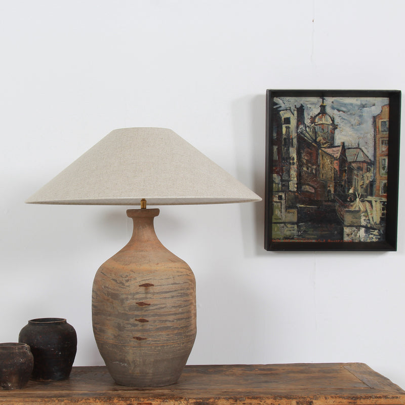 TERRACOTTA UNGLAZED VASE TABLE LAMP WITH EMPIRE NATURAL LINEN SHADE
