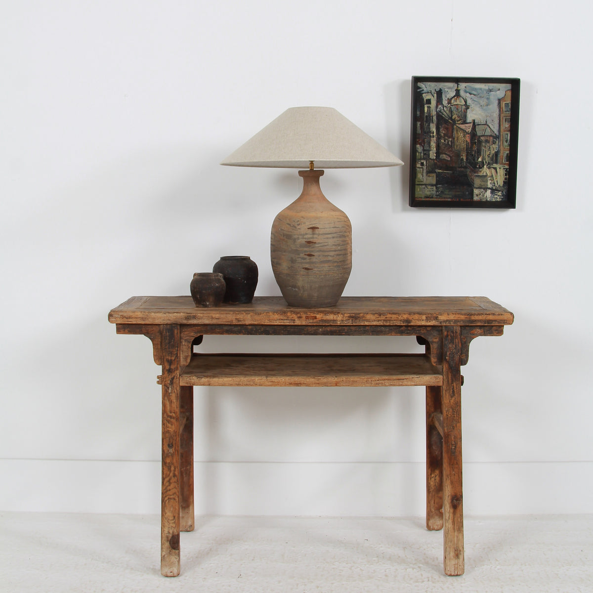 TERRACOTTA UNGLAZED VASE TABLE LAMP WITH EMPIRE NATURAL LINEN SHADE