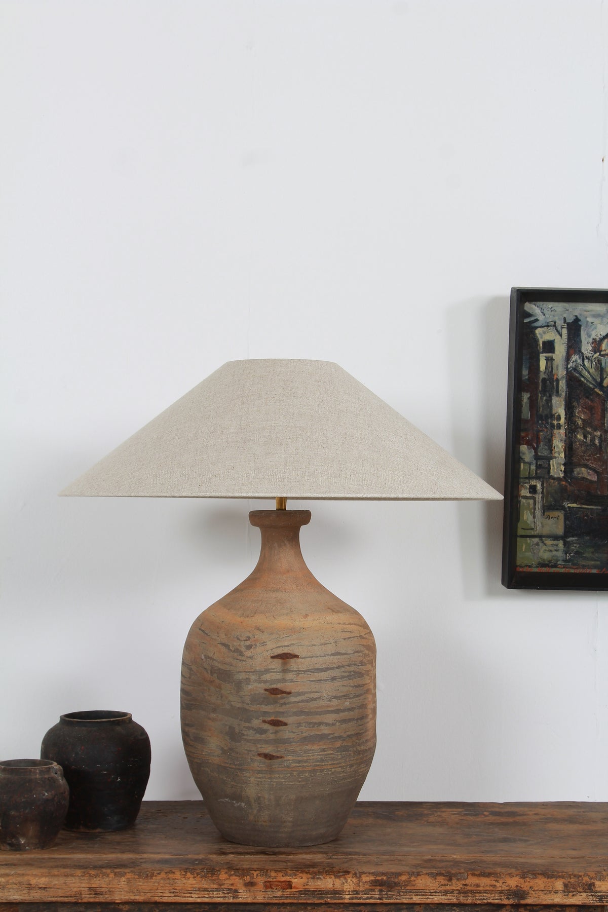 TERRACOTTA UNGLAZED VASE TABLE LAMP WITH EMPIRE NATURAL LINEN SHADE