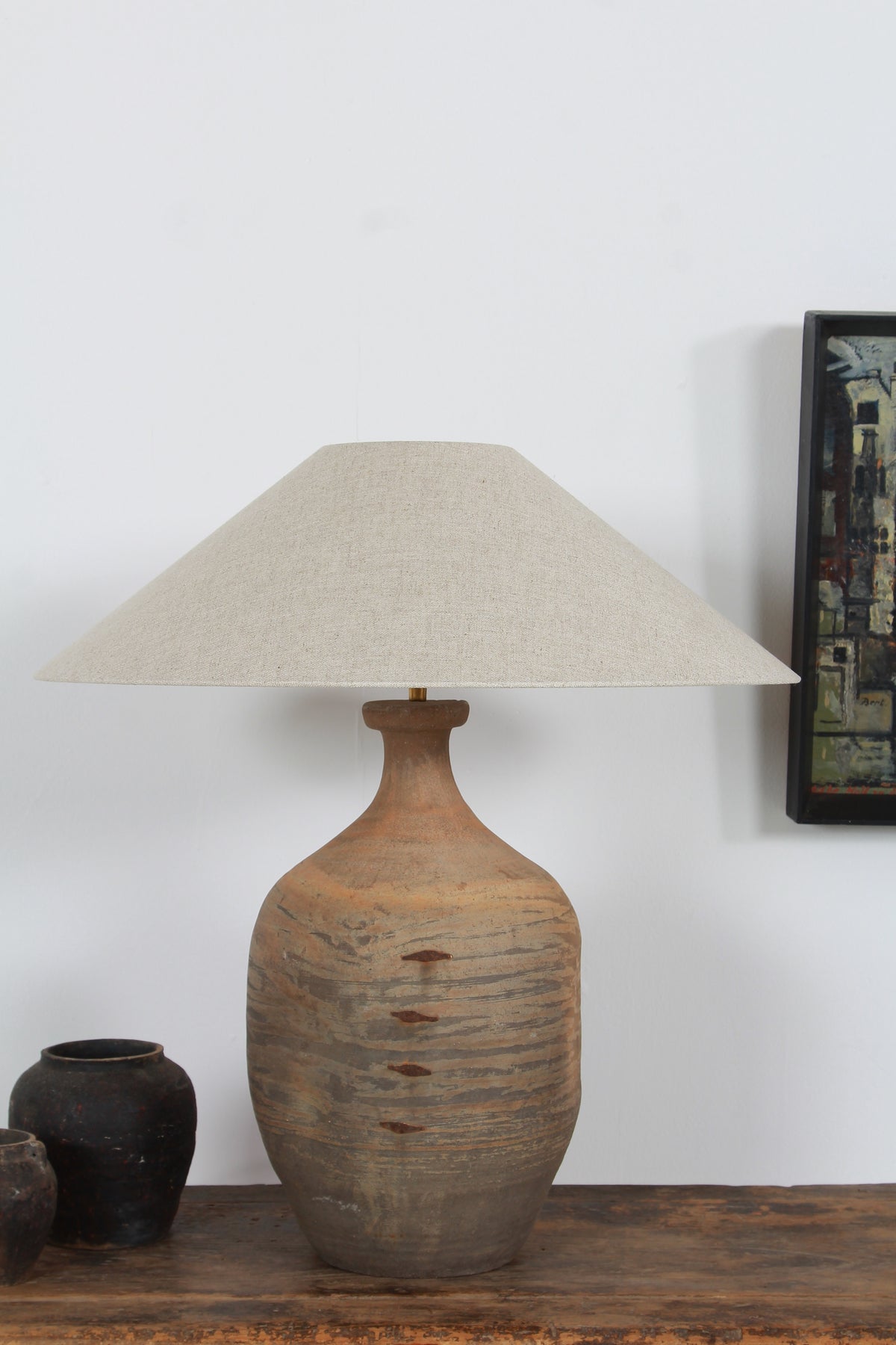 TERRACOTTA UNGLAZED VASE TABLE LAMP WITH EMPIRE NATURAL LINEN SHADE