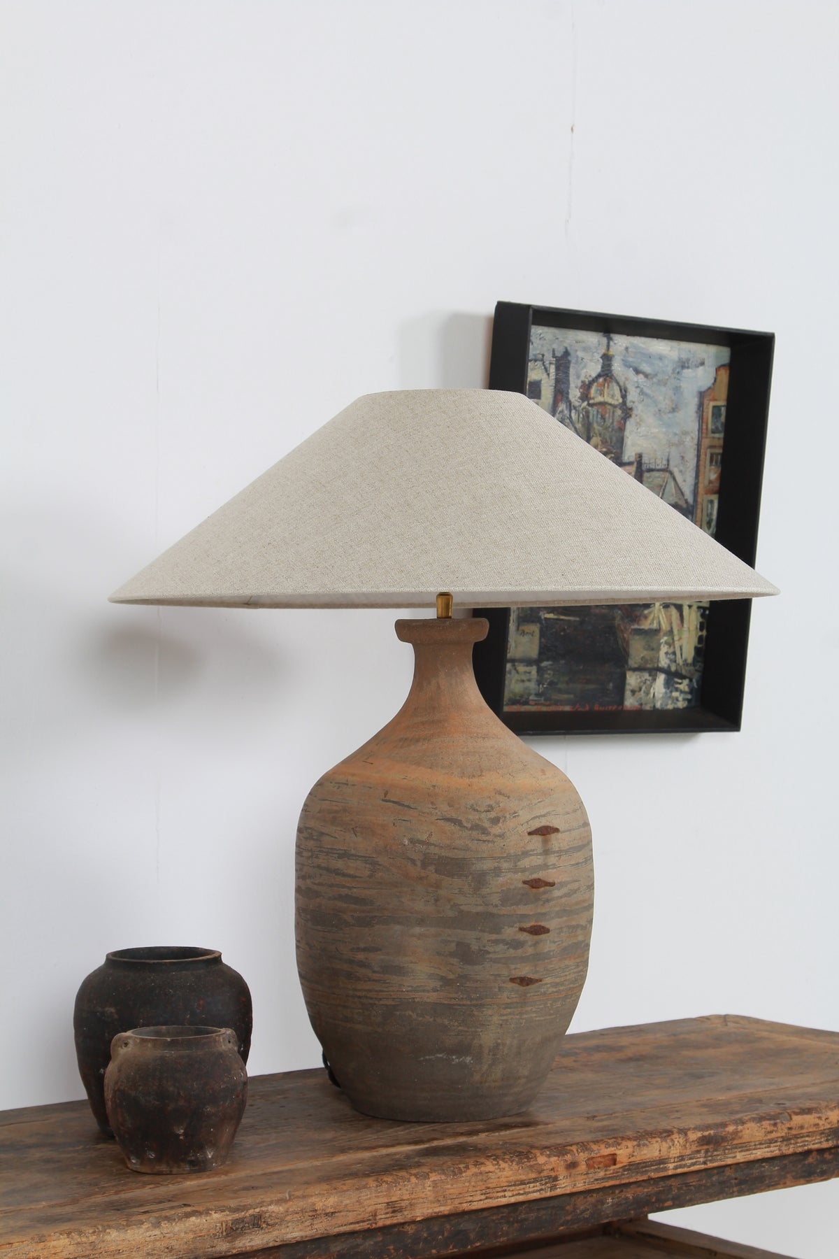 TERRACOTTA UNGLAZED VASE TABLE LAMP WITH EMPIRE NATURAL LINEN SHADE