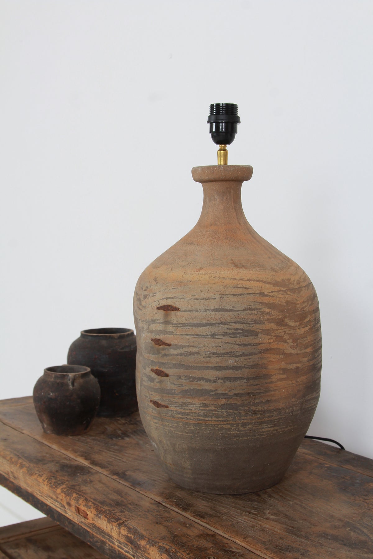 TERRACOTTA UNGLAZED VASE TABLE LAMP WITH EMPIRE NATURAL LINEN SHADE