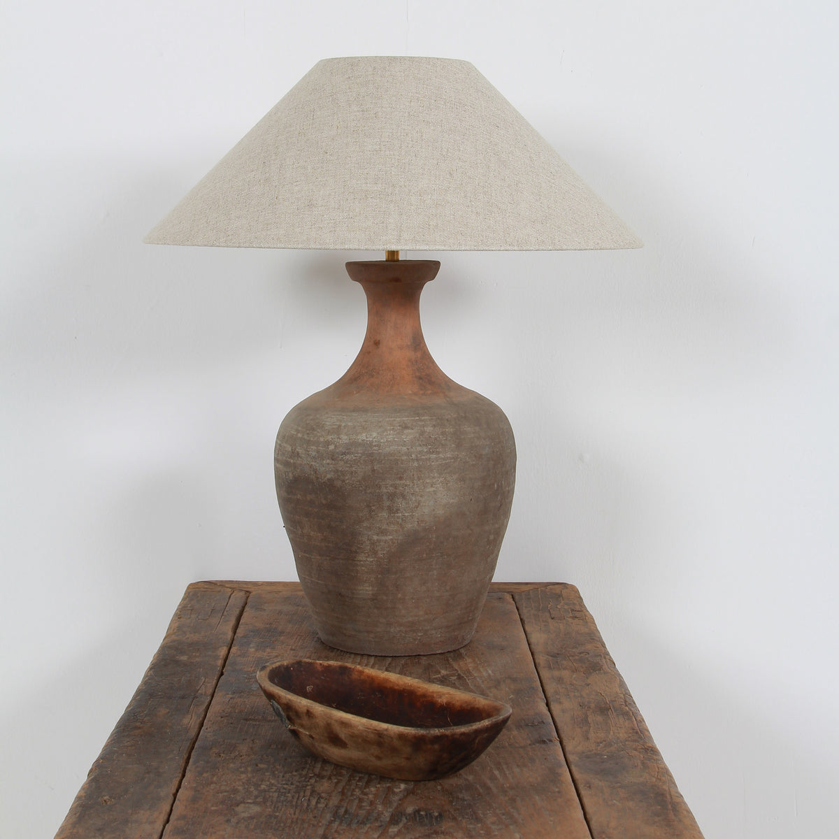 TERRACOTTA UNGLAZED VASE TABLE LAMP WITH EMPIRE NATURAL LINEN SHADE