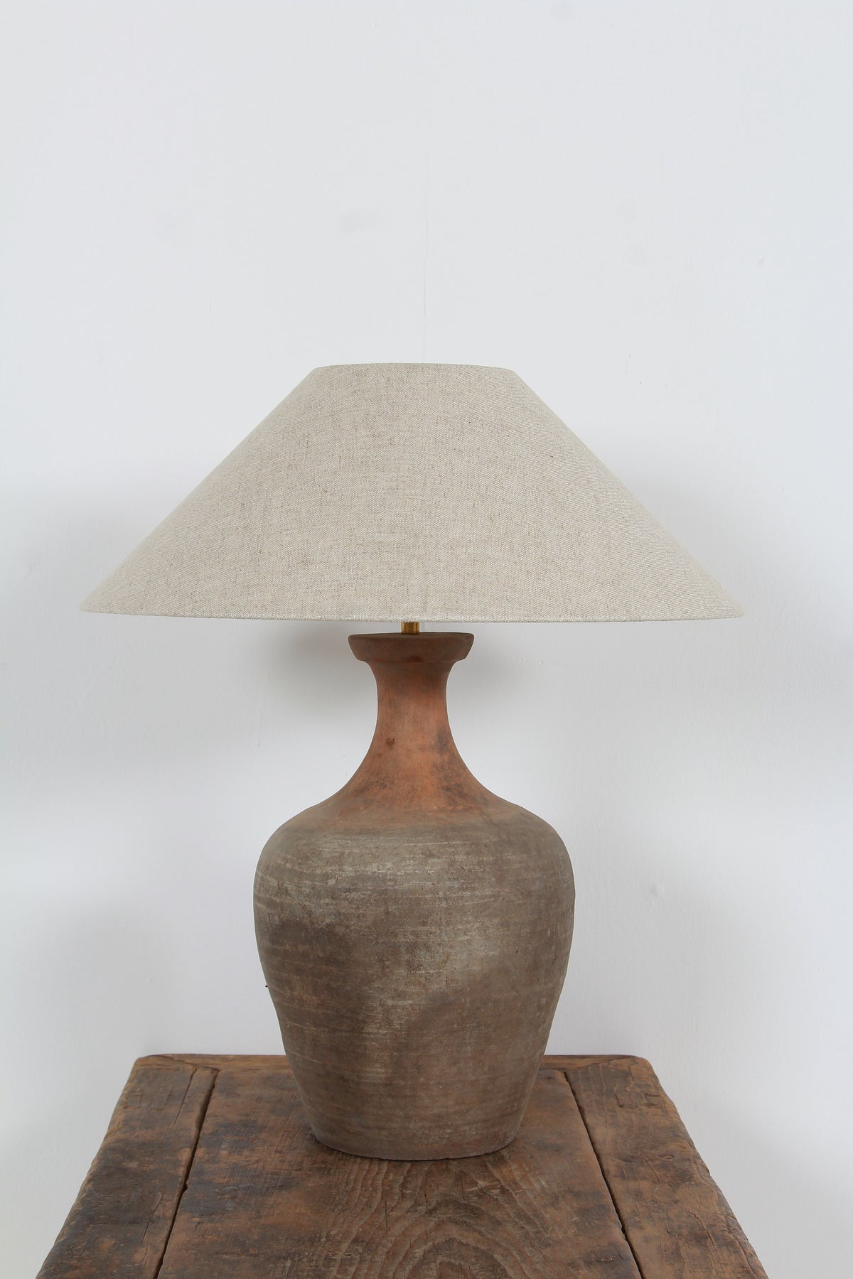 TERRACOTTA UNGLAZED VASE TABLE LAMP WITH EMPIRE NATURAL LINEN SHADE