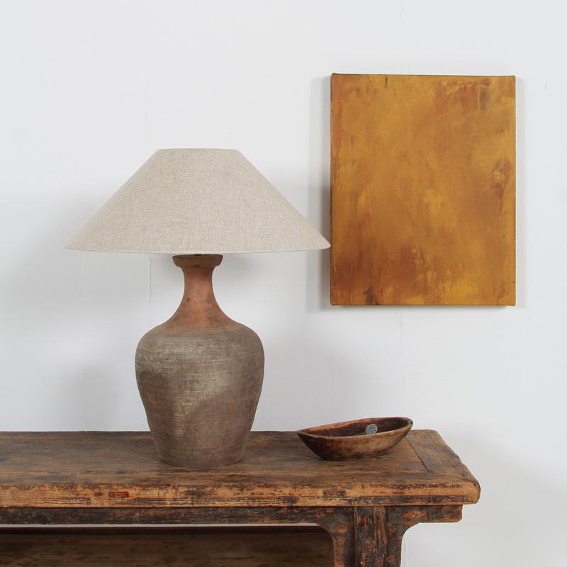 TERRACOTTA UNGLAZED VASE TABLE LAMP WITH EMPIRE NATURAL LINEN SHADE