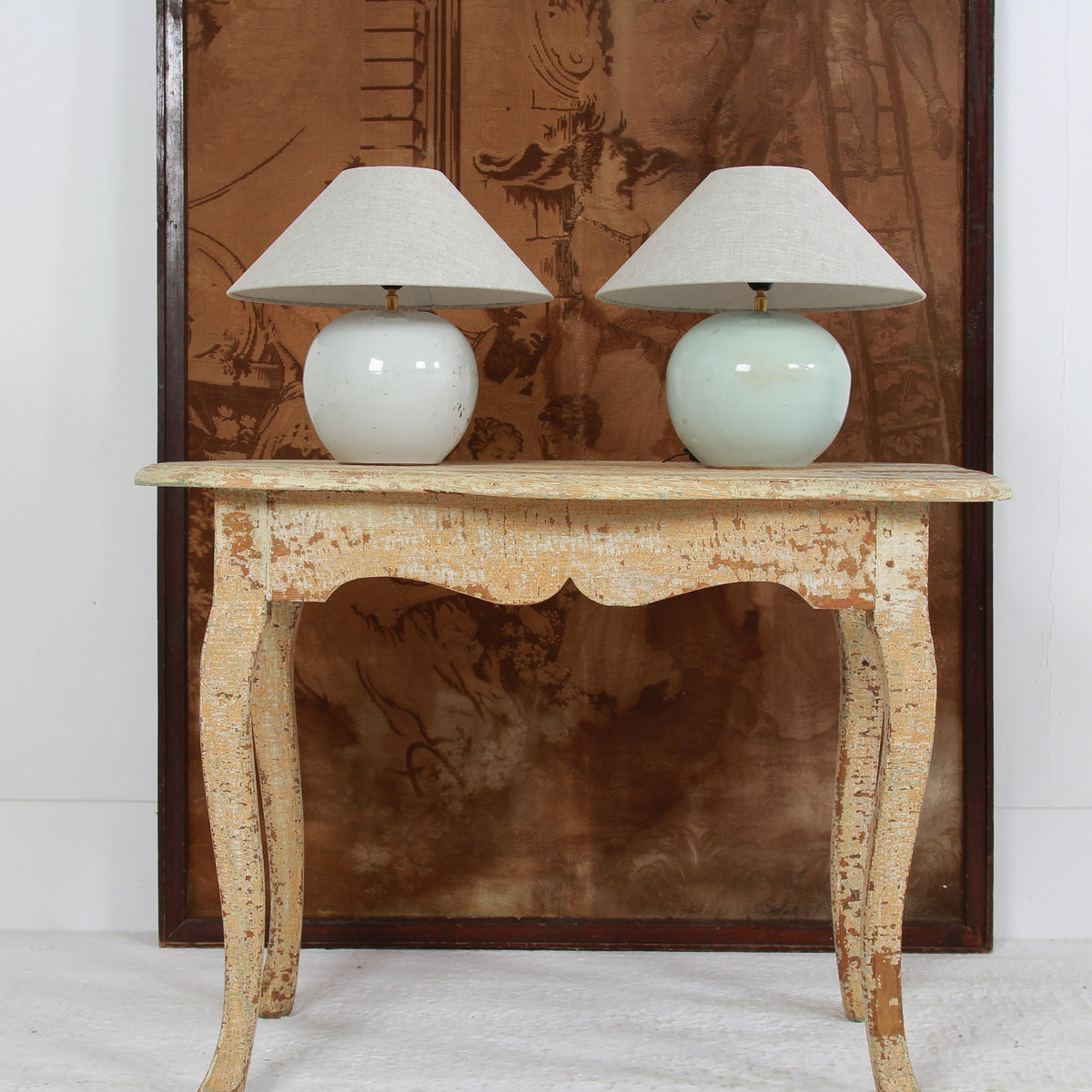 ANTIQUE CHINESE GINGER JAR TABLE LAMPS WITH NATURAL LINEN SHADES