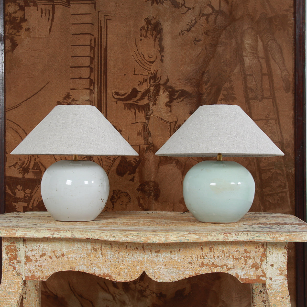 ANTIQUE CHINESE GINGER JAR TABLE LAMPS WITH NATURAL LINEN SHADES