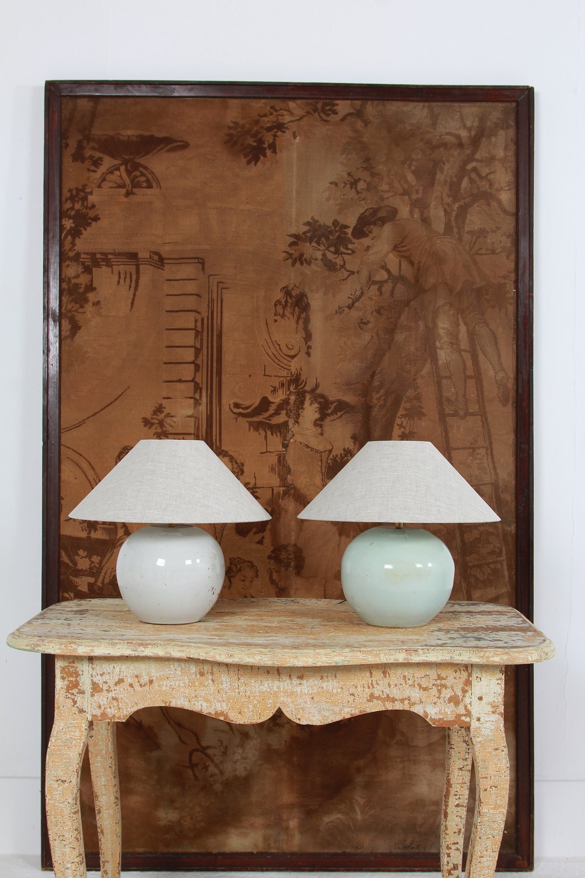 ANTIQUE CHINESE GINGER JAR TABLE LAMPS WITH NATURAL LINEN SHADES