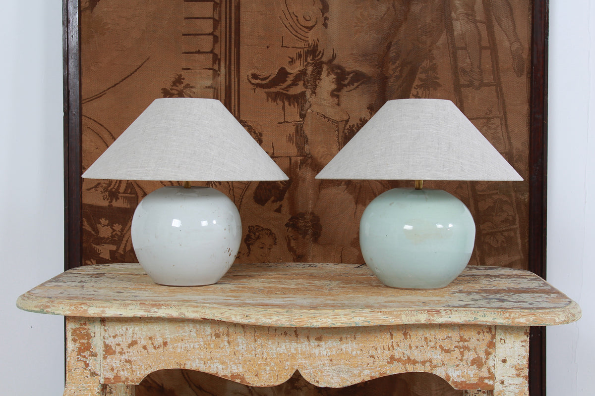 ANTIQUE CHINESE GINGER JAR TABLE LAMPS WITH NATURAL LINEN SHADES