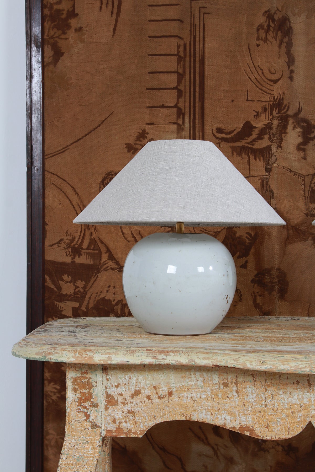 ANTIQUE CHINESE GINGER JAR TABLE LAMPS WITH NATURAL LINEN SHADES
