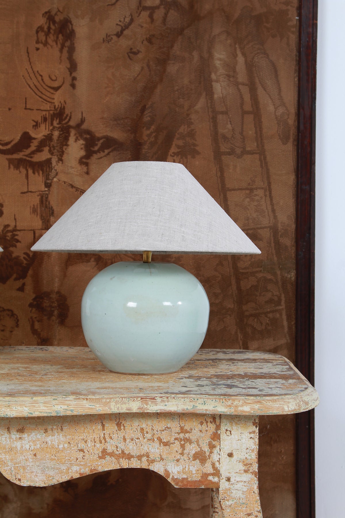 ANTIQUE CHINESE GINGER JAR TABLE LAMPS WITH NATURAL LINEN SHADES
