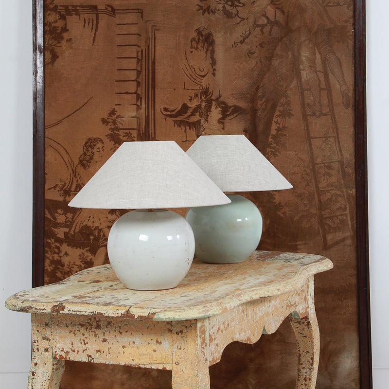 ANTIQUE CHINESE GINGER JAR TABLE LAMPS WITH NATURAL LINEN SHADES