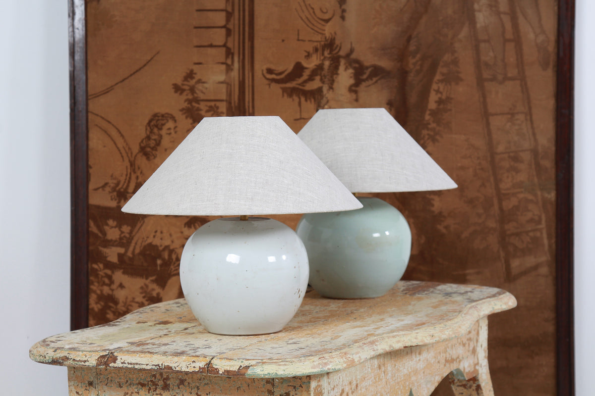 ANTIQUE CHINESE GINGER JAR TABLE LAMPS WITH NATURAL LINEN SHADES