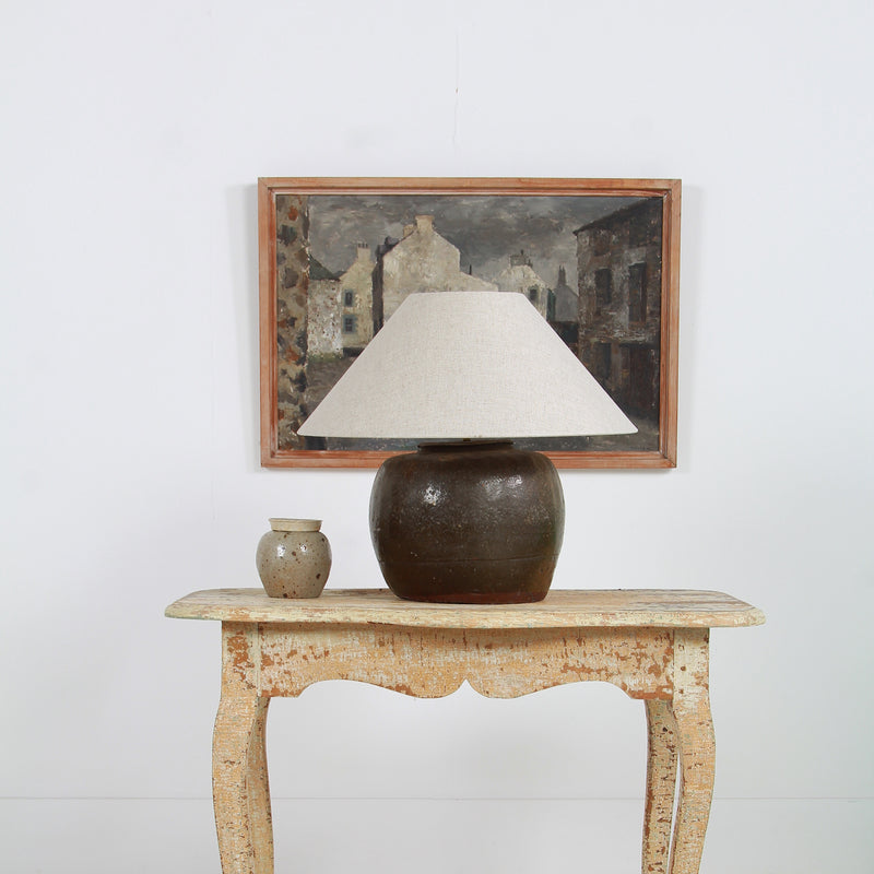XL ANTIQUE CHINESE TABLE LAMP WITH NATURAL LINEN EMPIRE SHADE