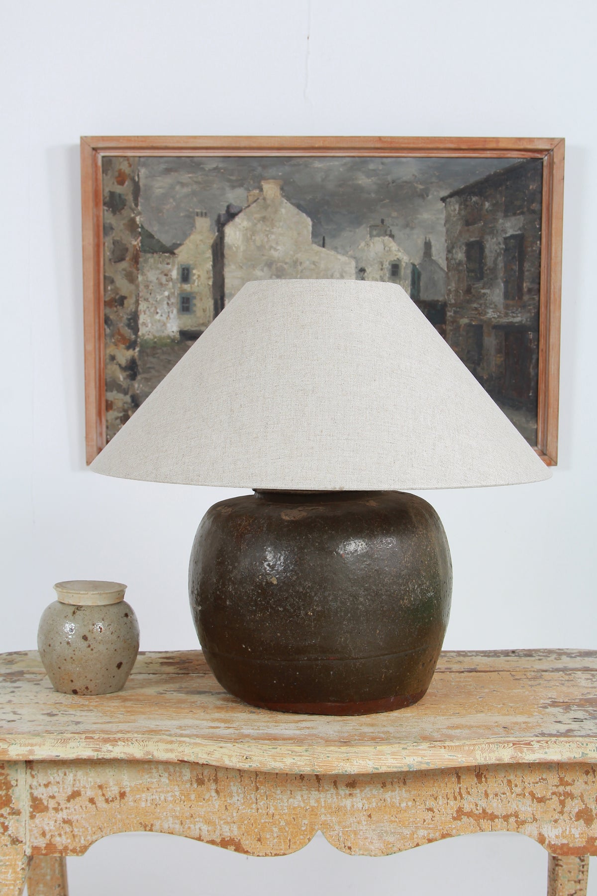 XL ANTIQUE CHINESE TABLE LAMP WITH NATURAL LINEN EMPIRE SHADE