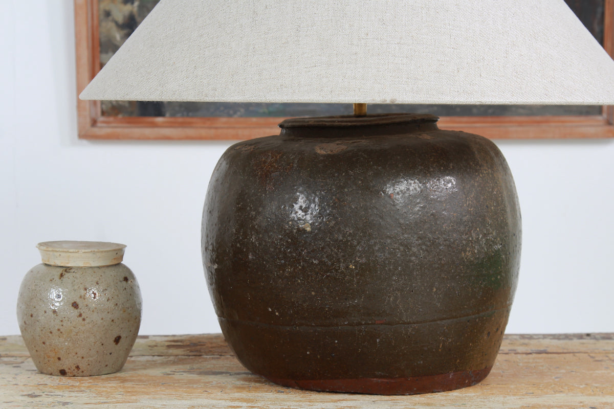 XL ANTIQUE CHINESE TABLE LAMP WITH NATURAL LINEN EMPIRE SHADE
