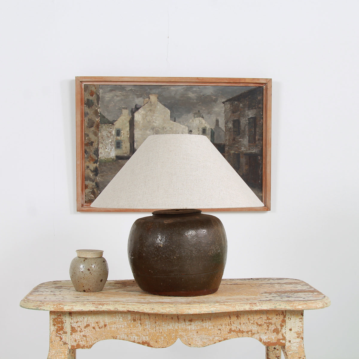 XL ANTIQUE CHINESE TABLE LAMP WITH NATURAL LINEN EMPIRE SHADE