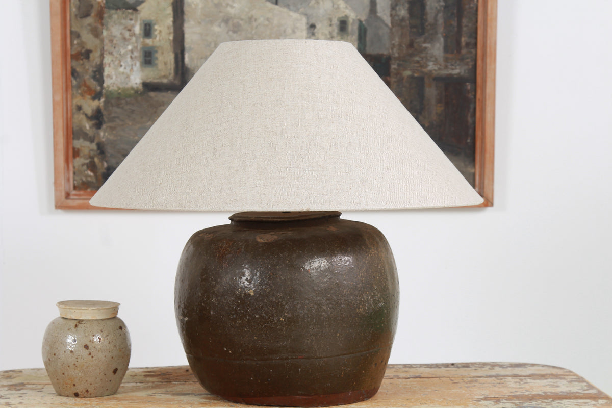 XL ANTIQUE CHINESE TABLE LAMP WITH NATURAL LINEN EMPIRE SHADE