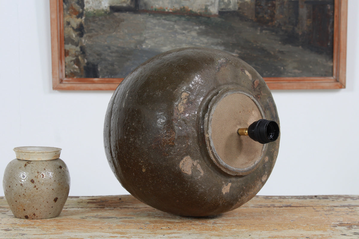 XL ANTIQUE CHINESE TABLE LAMP WITH NATURAL LINEN EMPIRE SHADE