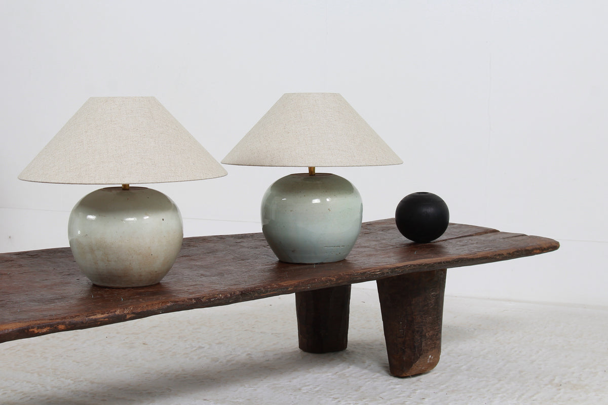 CHARMING Near Pair of ANTIQUE CHINESE GINGER JAR TABLE LAMPS WITH NATURAL LINEN SHADES