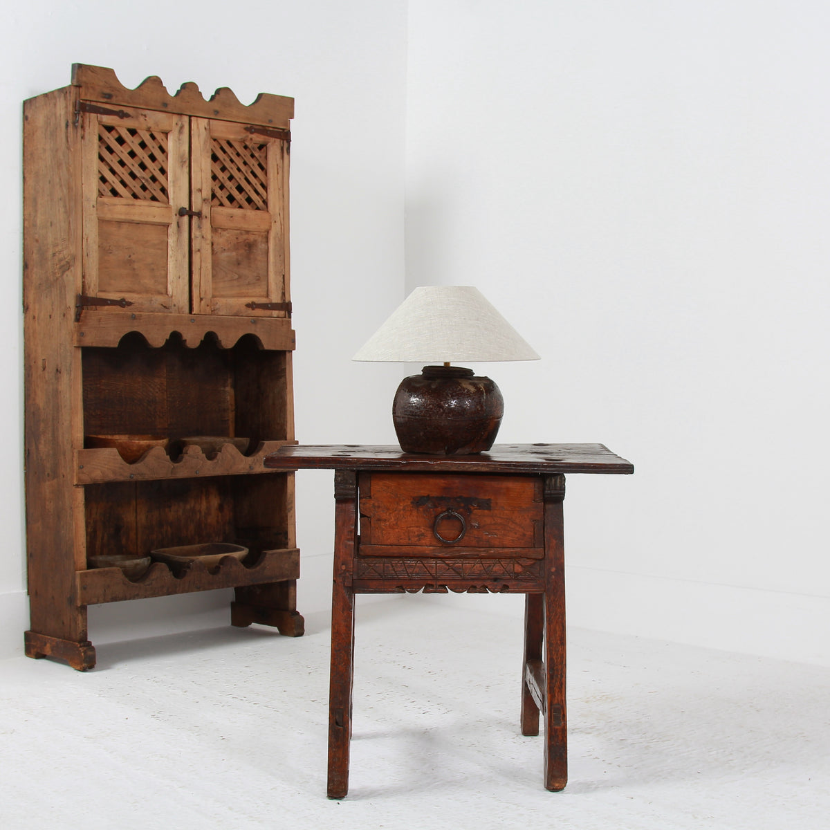Rustic Spanish 18thC Wabi Sabi Side Table with Single  Drawer