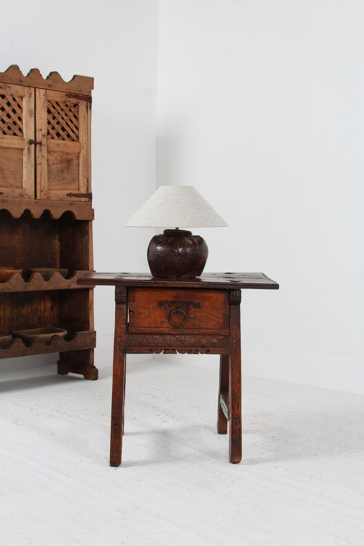 Rustic Spanish 18thC Wabi Sabi Side Table with Single  Drawer