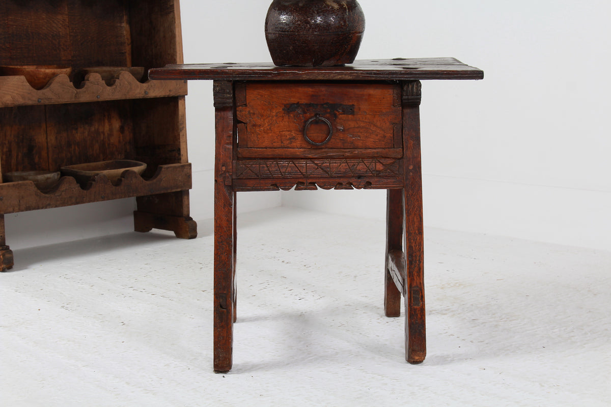 Rustic Spanish 18thC Wabi Sabi Side Table with Single  Drawer