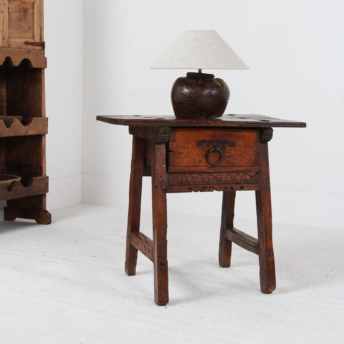 Rustic Spanish 18thC Wabi Sabi Side Table with Single  Drawer