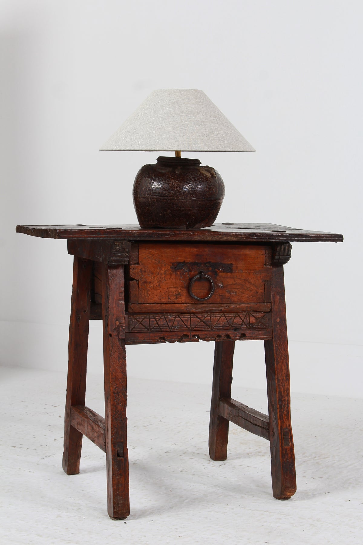 Rustic Spanish 18thC Wabi Sabi Side Table with Single  Drawer
