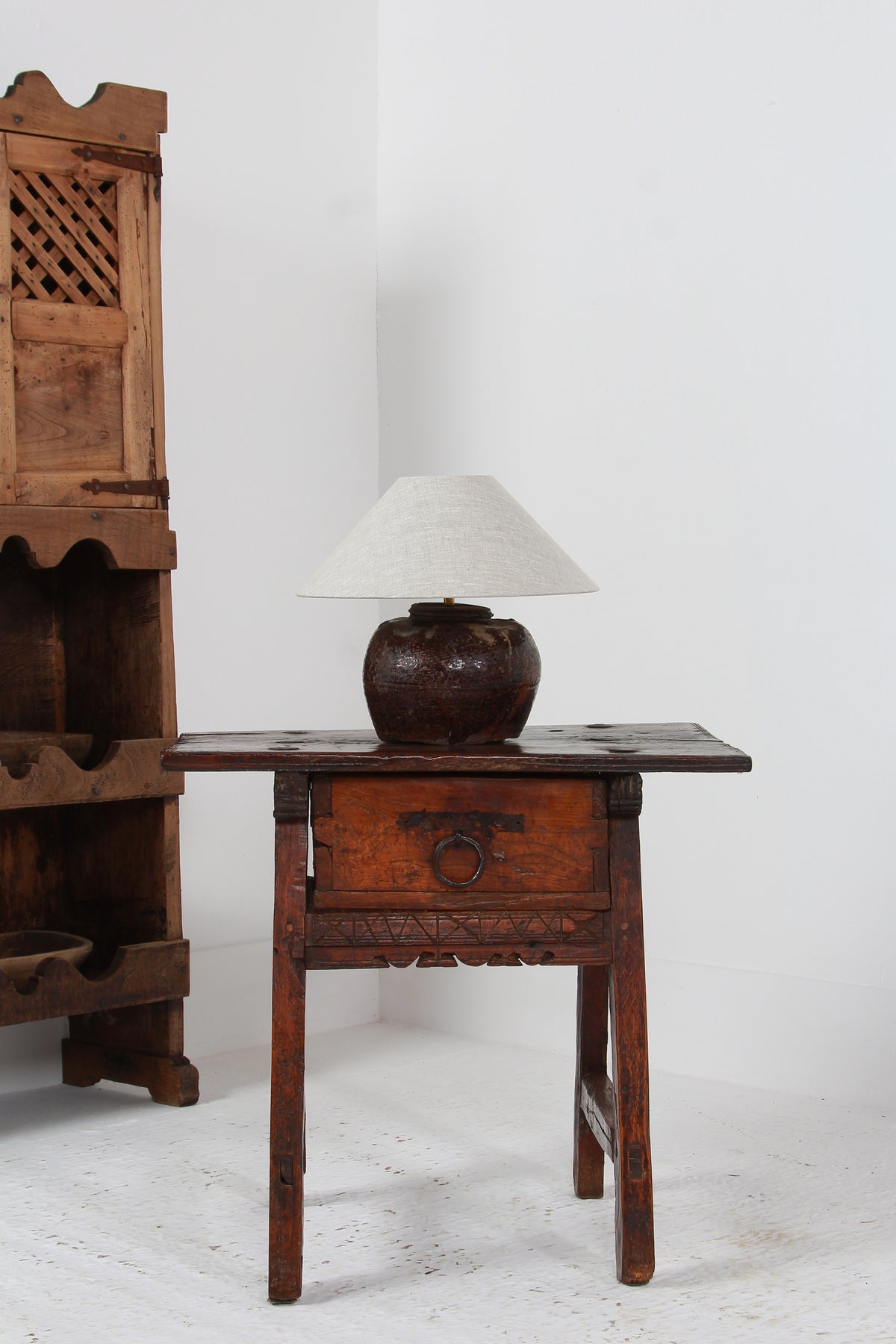 Rustic Spanish 18thC Wabi Sabi Side Table with Single  Drawer