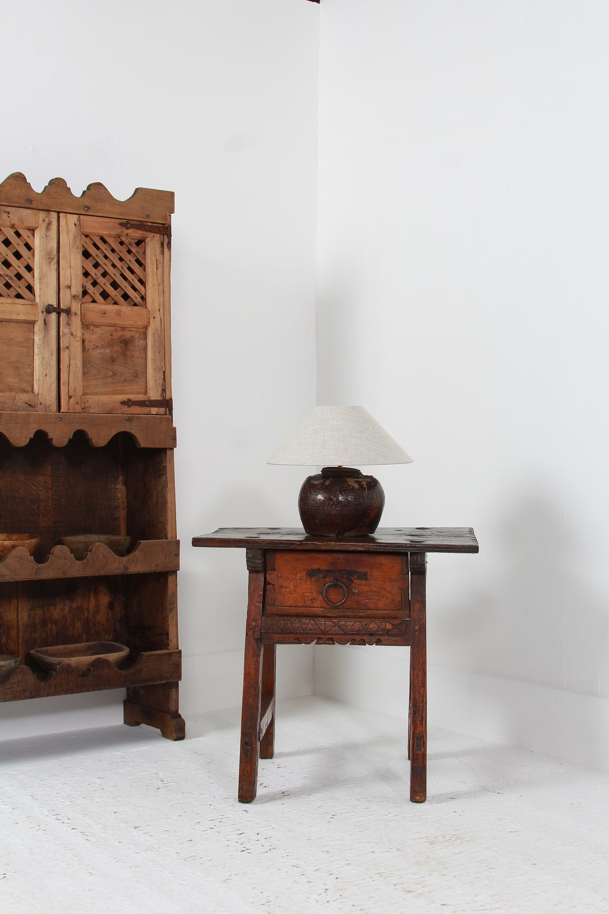 Rustic Spanish 18thC Wabi Sabi Side Table with Single  Drawer