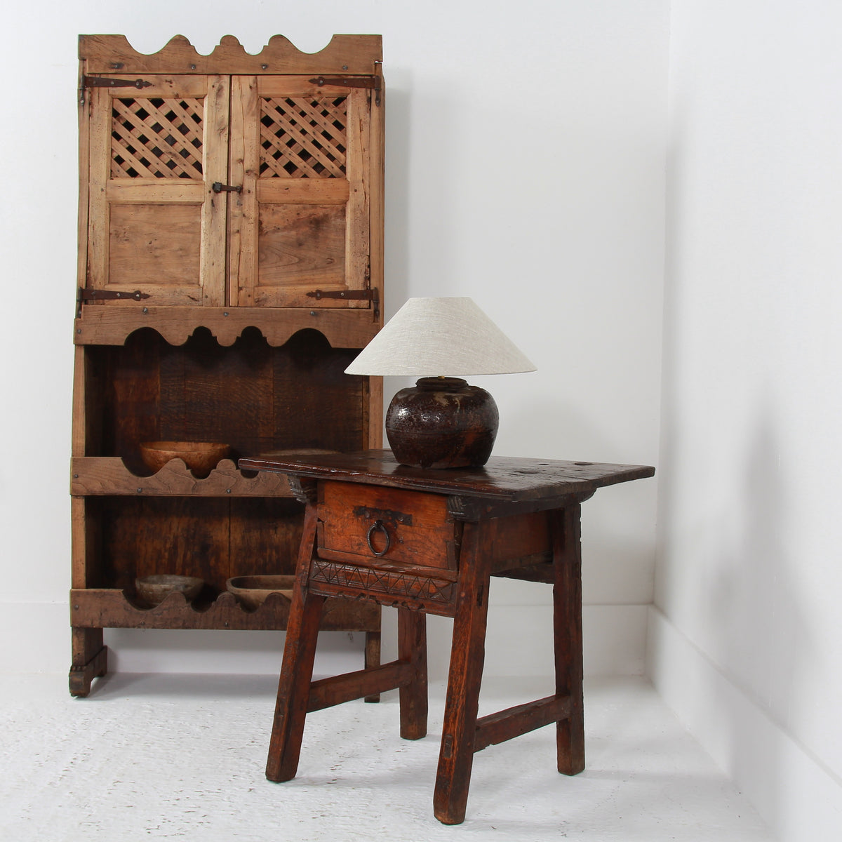 RUSTIC 19thC CHINESE TABLE LAMP WITH NATURAL LINEN EMPIRE SHADE