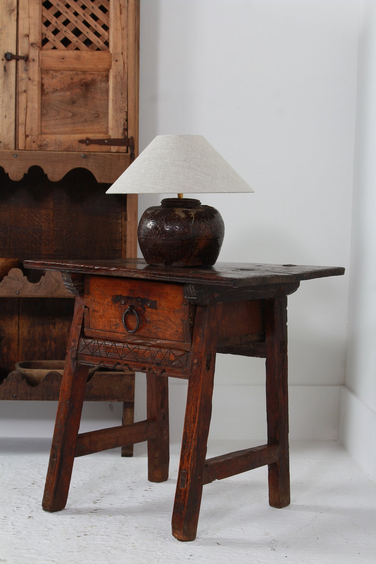 Rustic Spanish 18thC Wabi Sabi Side Table with Single  Drawer