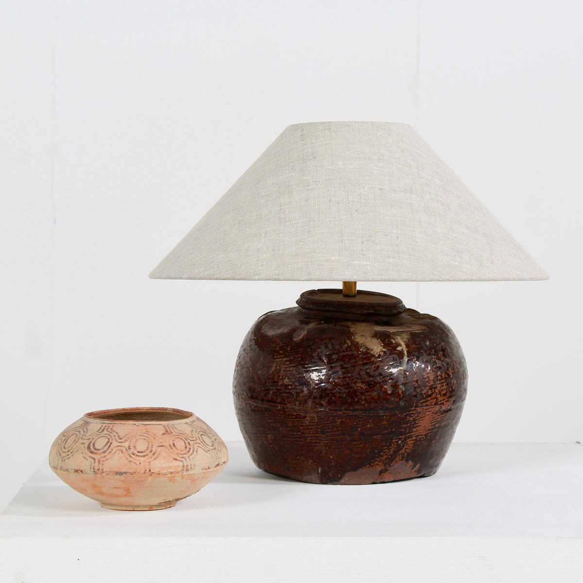 RUSTIC 19thC CHINESE TABLE LAMP WITH NATURAL LINEN EMPIRE SHADE