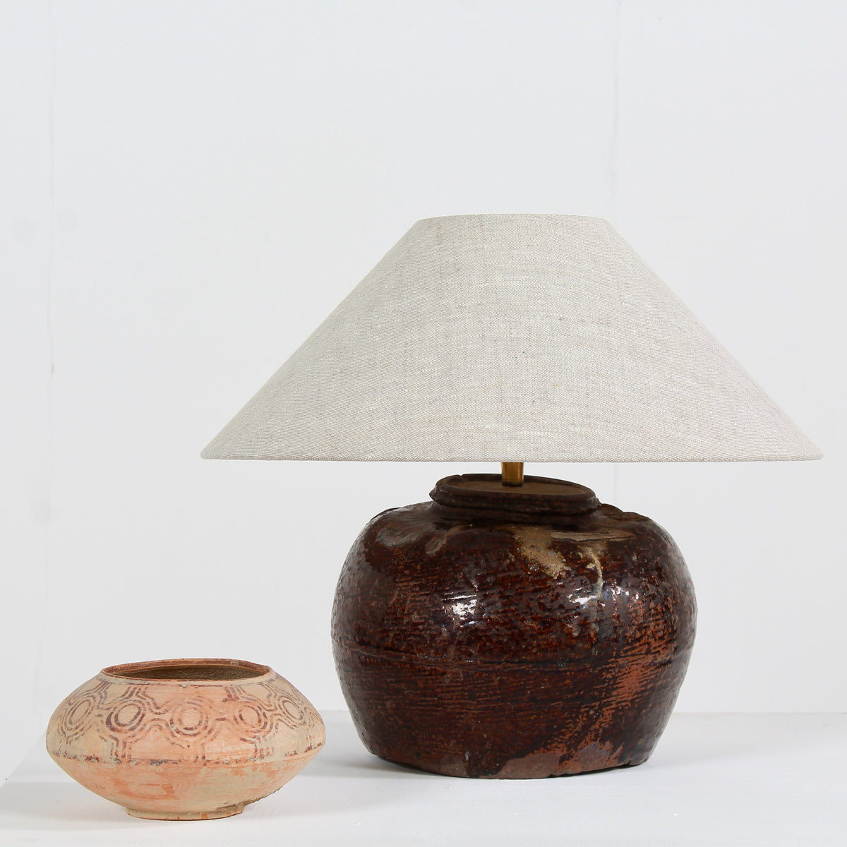 RUSTIC 19thC CHINESE TABLE LAMP WITH NATURAL LINEN EMPIRE SHADE
