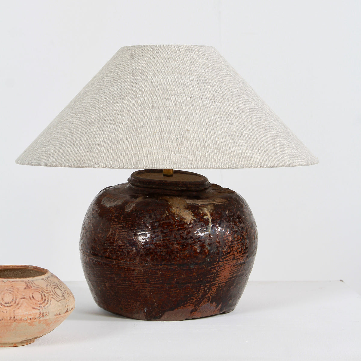 RUSTIC 19thC CHINESE TABLE LAMP WITH NATURAL LINEN EMPIRE SHADE