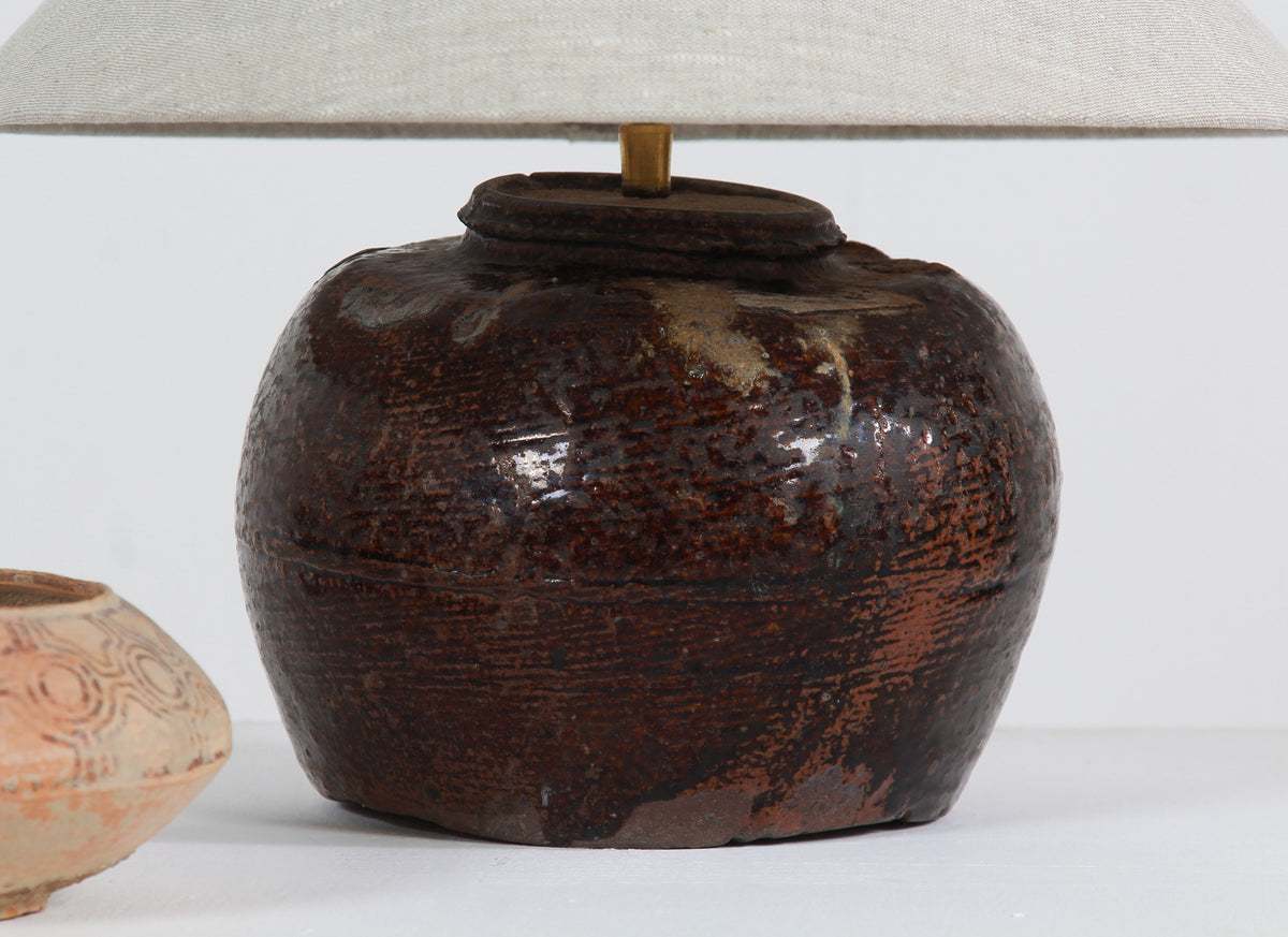 RUSTIC 19thC CHINESE TABLE LAMP WITH NATURAL LINEN EMPIRE SHADE