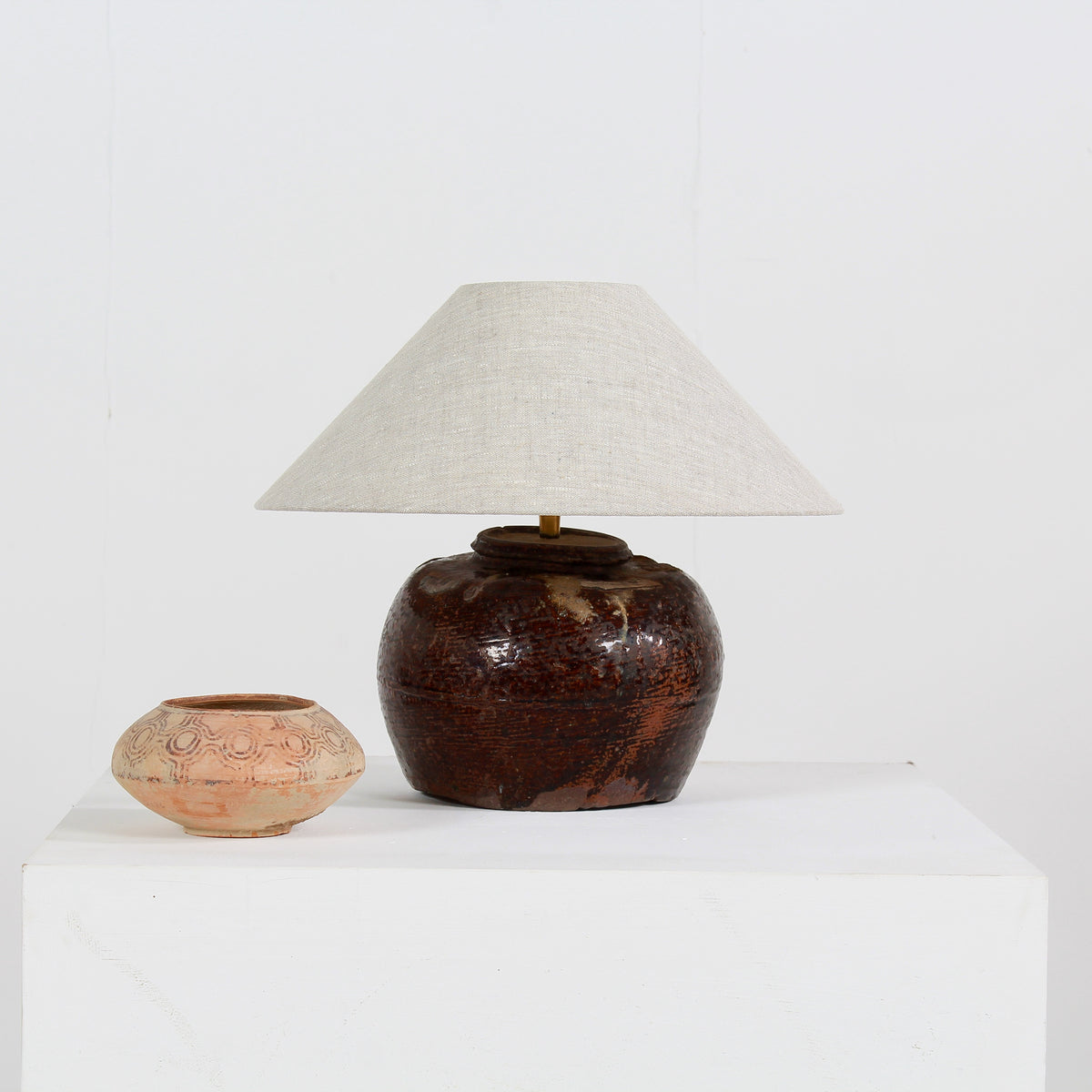 RUSTIC 19thC CHINESE TABLE LAMP WITH NATURAL LINEN EMPIRE SHADE