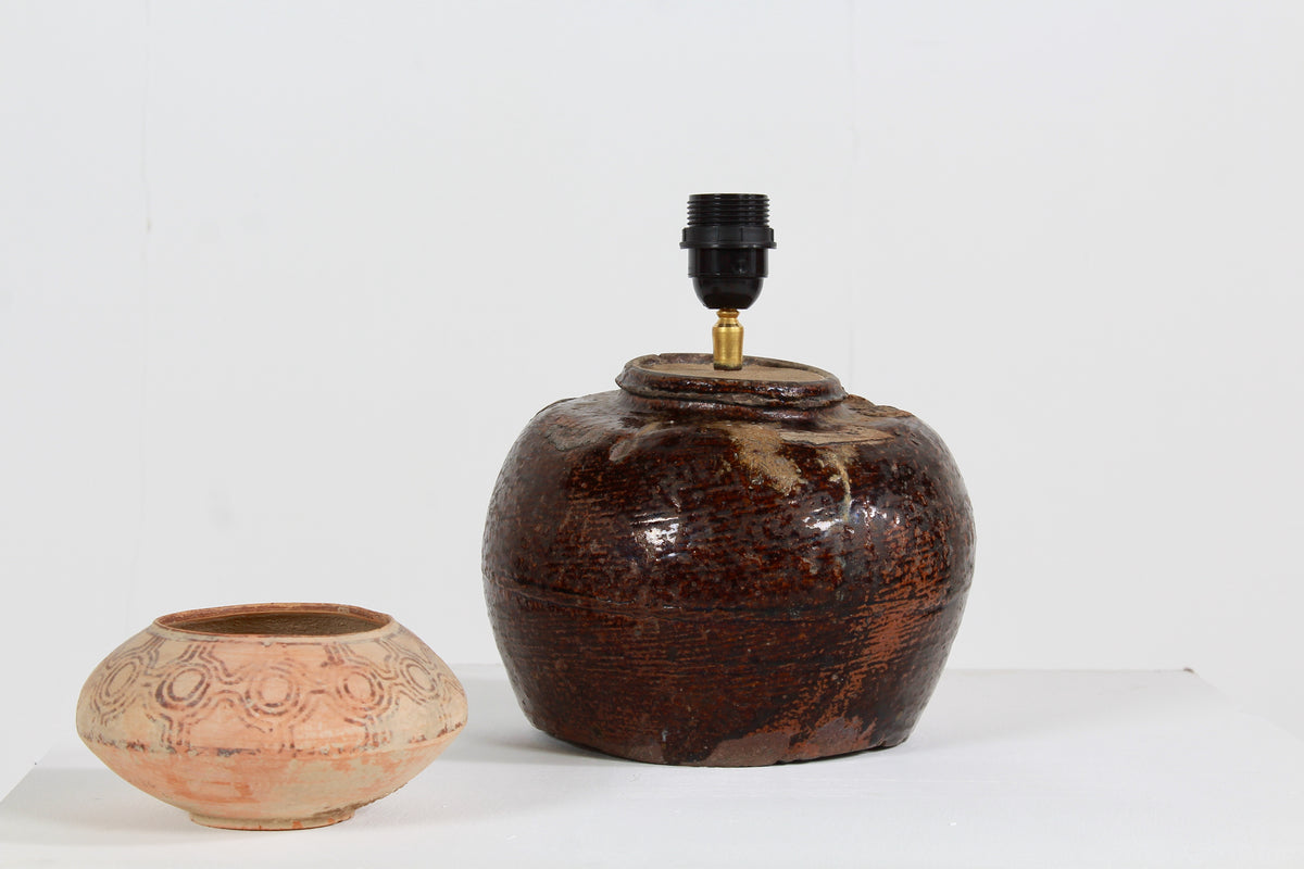 RUSTIC 19thC CHINESE TABLE LAMP WITH NATURAL LINEN EMPIRE SHADE